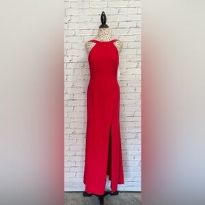 Dessy Collection Stand Collar Halter Maxi Dress With Criss Cross Open-Back Red